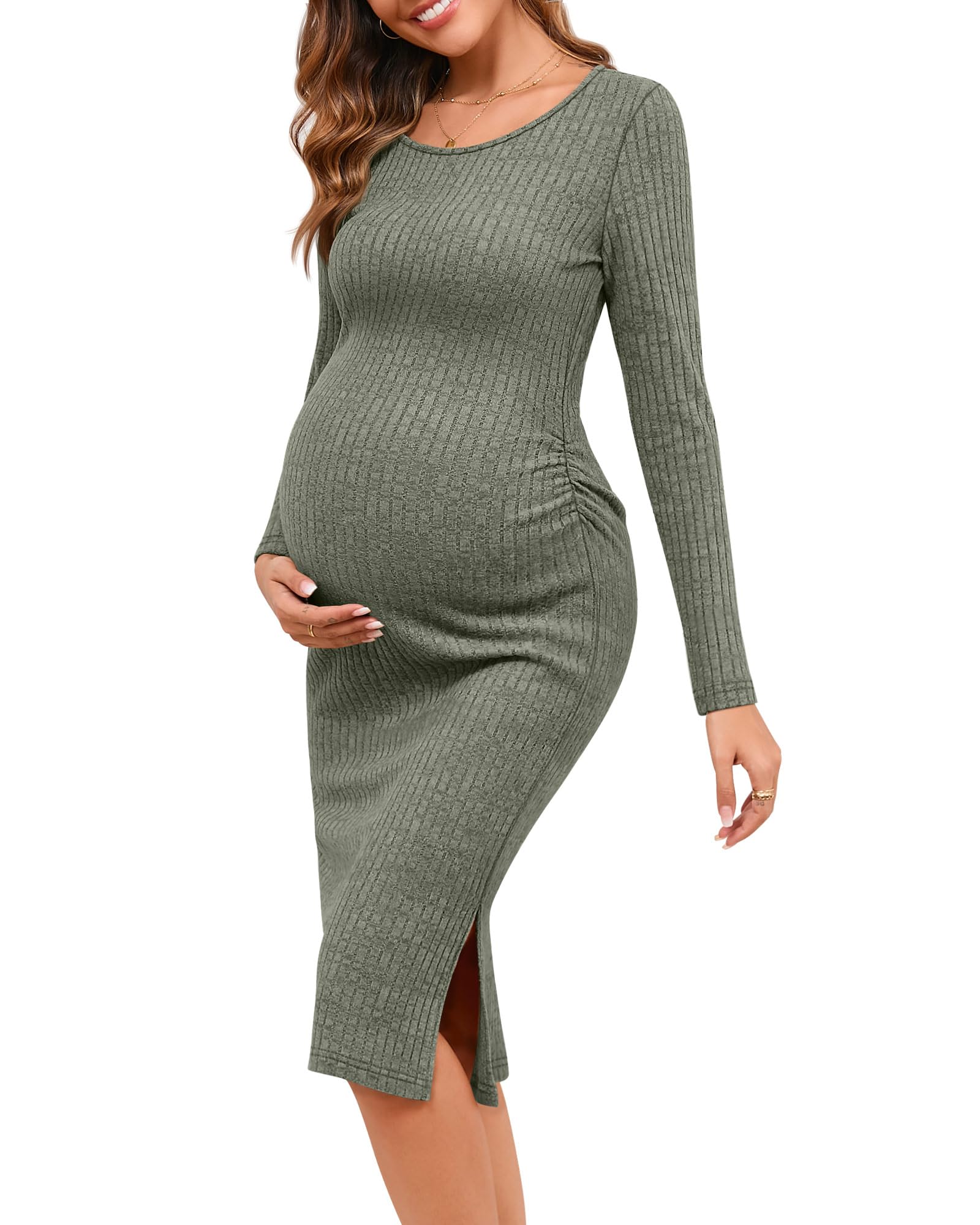 Photo 1 of Ficerd Women's Ribbed Knit Maternity Dresses Long Sleeve Pregnancy Bodycon Dress Split Stretchy Clothes for Baby Shower(Greenish Gray,S)