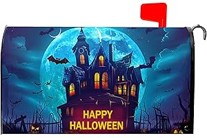 GRANBEY Happy Halloween Mailbox Covers Magnetic Scary Night Haunted House Waterproof Mail Box Wraps Standard Size 21x18 Inch Full Moon Bats Decorative Blue Letter Box Cover for Home Garden Yard Outside