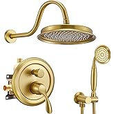 DASAN Brushed Gold Rain Shower System Complete Antique Shower Faucet Sets, Brushed Gold Shower Fixtures Combo with Pressure Balance Valve, Trim Kit, 9'' Rainfall Overhead Shower & Handheld, AT209W-BTG
