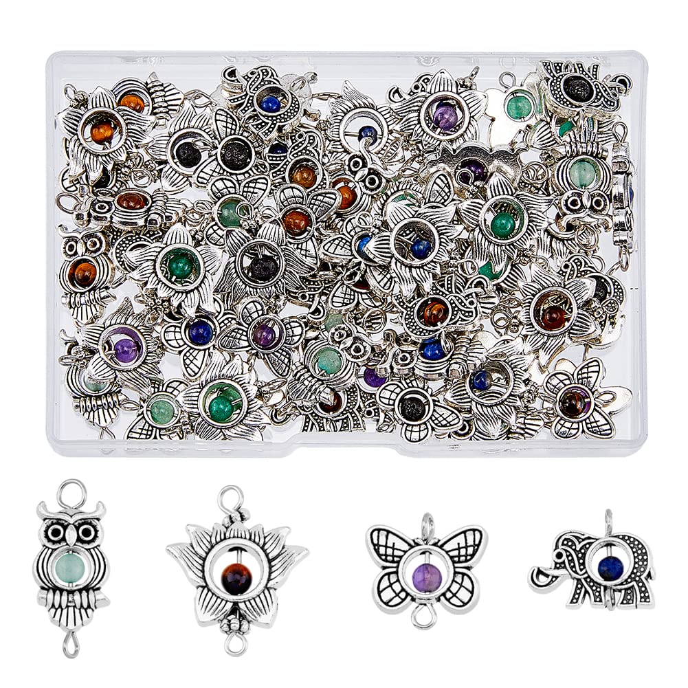 SUPERFINDINGS 64Pcs 4 Styles Evil Eye Connector Charms Tibetan Alloy Links Charm Mixed Stone Owl Elephant Butterfly Charms Links Antique Silver Stone Charms for DIY Necklace Bracelet Jewelry Making