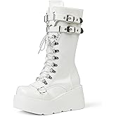 Yremael Women's Black Platform Boots Wedge Combat Gothic Chunky Heel Lace Up Mid Calf Punk Motorcycle Shoes