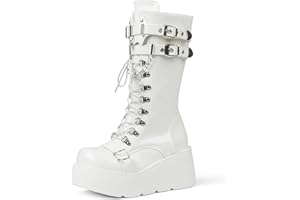 Yremael Women's Black Platform Boots Wedge Combat Gothic Chunky Heel Lace Up Mid Calf Punk Motorcycle Shoes