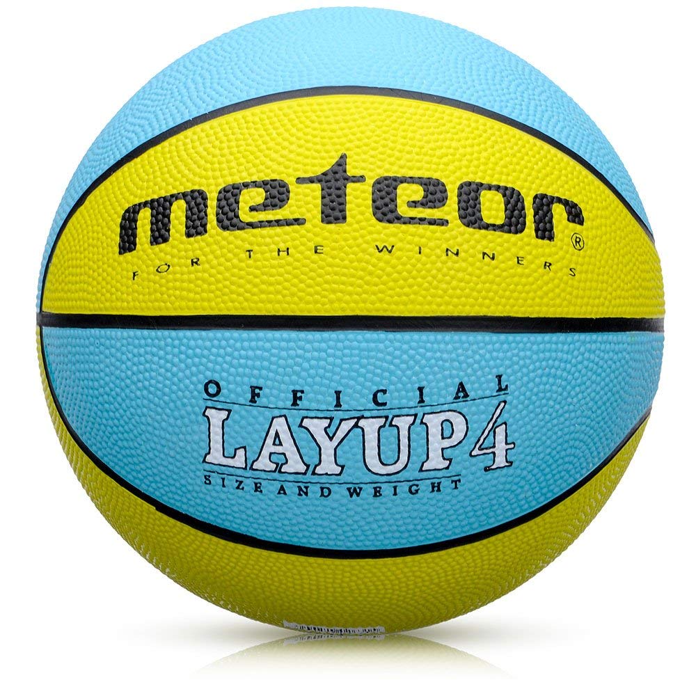 meteor Layup Basketball – Durable Rubber Surface for Outdoor & Indoor Play – Mini Ball Deep Grooves for Better Grip – Colorful Design for Visibility – Basket ball - Size 4 - Blue/Yellow