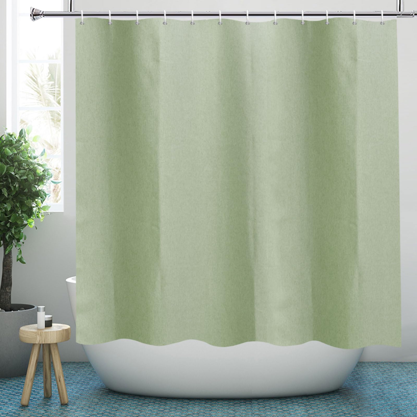 YISURE Green Linen Textured Shower Curtain, Heavy Duty Fabric Shower Curtains for Bathroom Waterproof Thick Hotel Luxury, 180x180cm/71''x71''