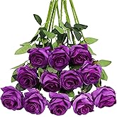 Tifuly Purple Roses Artificial Flowers - 12 pcs Realistic Single Long Stem Fake Silk Roses Bouquet for Party Home Wedding Centerpiece Office DIY Decor