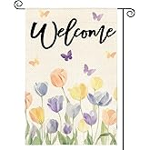 AVOIN colorlife Spring Tulip Floral Welcome Garden Flag 12x18 Inch Double Sided Outside, Flowers Seasonal Rustic Yard Outdoor Flag