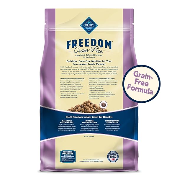 BLUE BUFFALO FREEDOM GRAIN-FREE ADULT DRY CAT FOOD, COMPLETE & BALANCED NUTRITION FOR INDOOR CATS, MADE WITH NATURAL INGREDIENTS, CHICKEN RECIPE, 5-LB. BAG