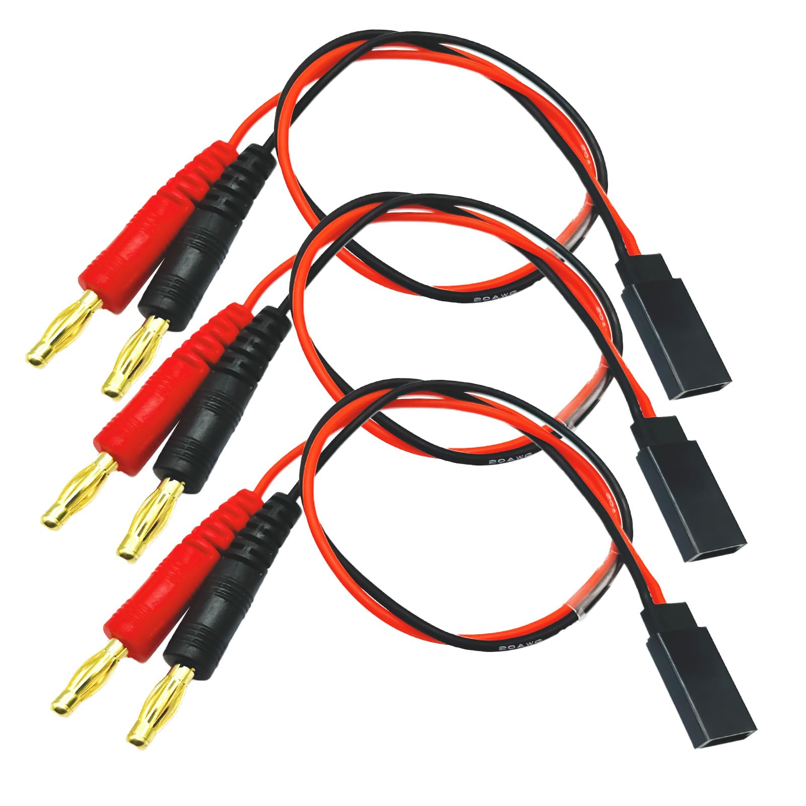 3Packs Futaba Style Receiver Plug to 4mm Banana Connector Battery Charge Lead Adapter 20awg 30cm 11.8inch Silicone Cable