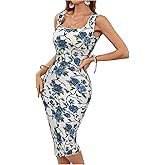 Floerns Women's Summer Floral Midi Dress Sleeveless Square Neck Vacation Bodycon Dresses