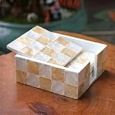 CHI AN HOME 4" Capiz Shell Mosaic Square Coasters Set 6 with Holder, Ivory | Honey-Tan And Pearl White Natural Capiz Shell Coasters With Holder, Checkered Square Coasters For Drinks &amp; Coffee Table Decor