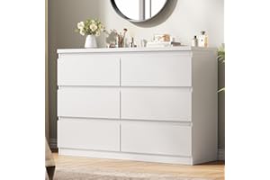 Jocoevol White 6 Drawer Dresser for Bedroom, 15.3" D x 47.2" W x 32.3" H in Simply Modern Chest of Drawers, Wood Storage Double Dresser with Deep Drawers for Living Room, Hallway Entryway, White