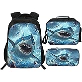 Fuzawet Shark Backpack 3PCS 16" Preschool Elementary Schoolbag with Lunch Box Pencil Case Bookbag Set for Girls Boys Kids Children Teens School Students