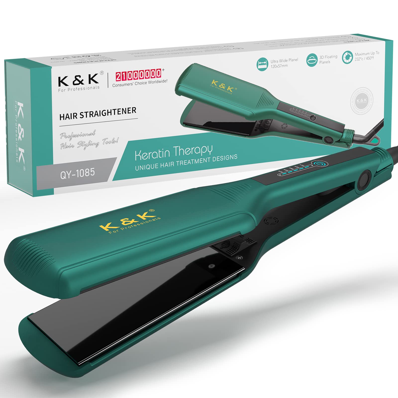K&K Hair Straightener, 2.24 Inch Wide Ceramic-Titanium Plates, 5 Temperature Settings 120-232°C, Professional Flat Iron (Green) UK Plug