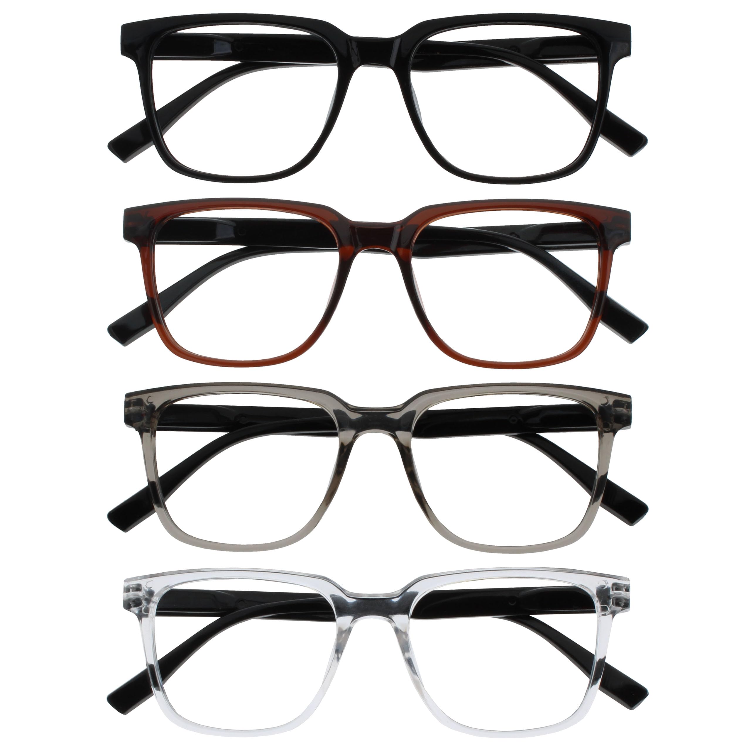 OPULIZE LEO Reading Glasses - 4-Pack - Large Rectangular Frame - Black, Brown, Grey, Clear - Mens Womens - Spring Hinges - RRRR55-127C - +1.50