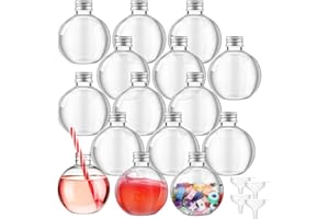 Jinei 15 Packs 8 oz Ball Shape Plastic Sand Art Bottles with Lids Spherical Clear Potion Bottles with Funnel Christmas Cocktail Ornament Candy Jar for DIY Birthday Party(Aluminum Cap,Silver)