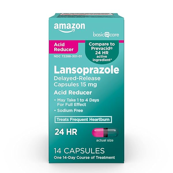 AMAZON BASIC CARE LANSOPRAZOLE DELAYED RELEASE CAPSULES, 15 MG, TREATS FREQUENT HEARTBURN, 14 COUNT