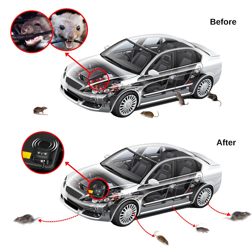 Car Rodent Repellent Ultrasonic Under Hood Animal Repeller Mouse and Rat Deterrent with LED Strobe – Engine Bay Pest Control Device for 12V 24V Vehicle, Automobile, Truck, RV
