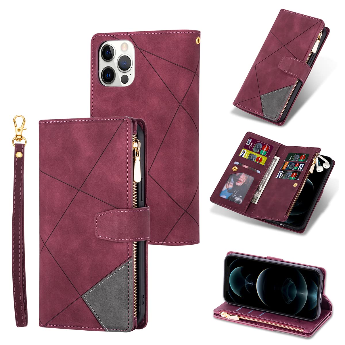 UEEBAI Wallet Case for iPhone 13 Pro 6.1 inch, Vintage Premium PU Leather Cover Flip Case with Card Slots Magnetic Closure Zipper Pocket Kickstand Handbag with Hand Strap - Splice Wine Red