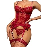 uwsic Women Sexy Corset Lingerie Sets Lace Floral Mesh Garter Lingerie Outfits Underwire Babydoll with Thong and Stockings