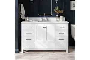 ARIEL Cambridge 55" White Bathroom Vanity with Sink, 1.5" Edge Pure White Quartz Countertop & Backsplash, Center Rectangular Sink, 2 Soft Closing Doors, 9 Full Extension Dovetail Drawers