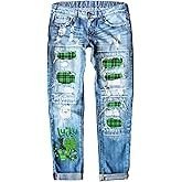 St. Patrick's Day Jeans Women Shamrock Distressed Denim Patch Pants Straight Leg Lucky Clover Graphic Pants