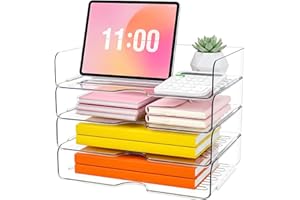 4-Tier Acrylic Paper Tray Organizer, Clear Stackable Desk Organizers for Documents, Letters, A4 Papers, Office Storage Organi