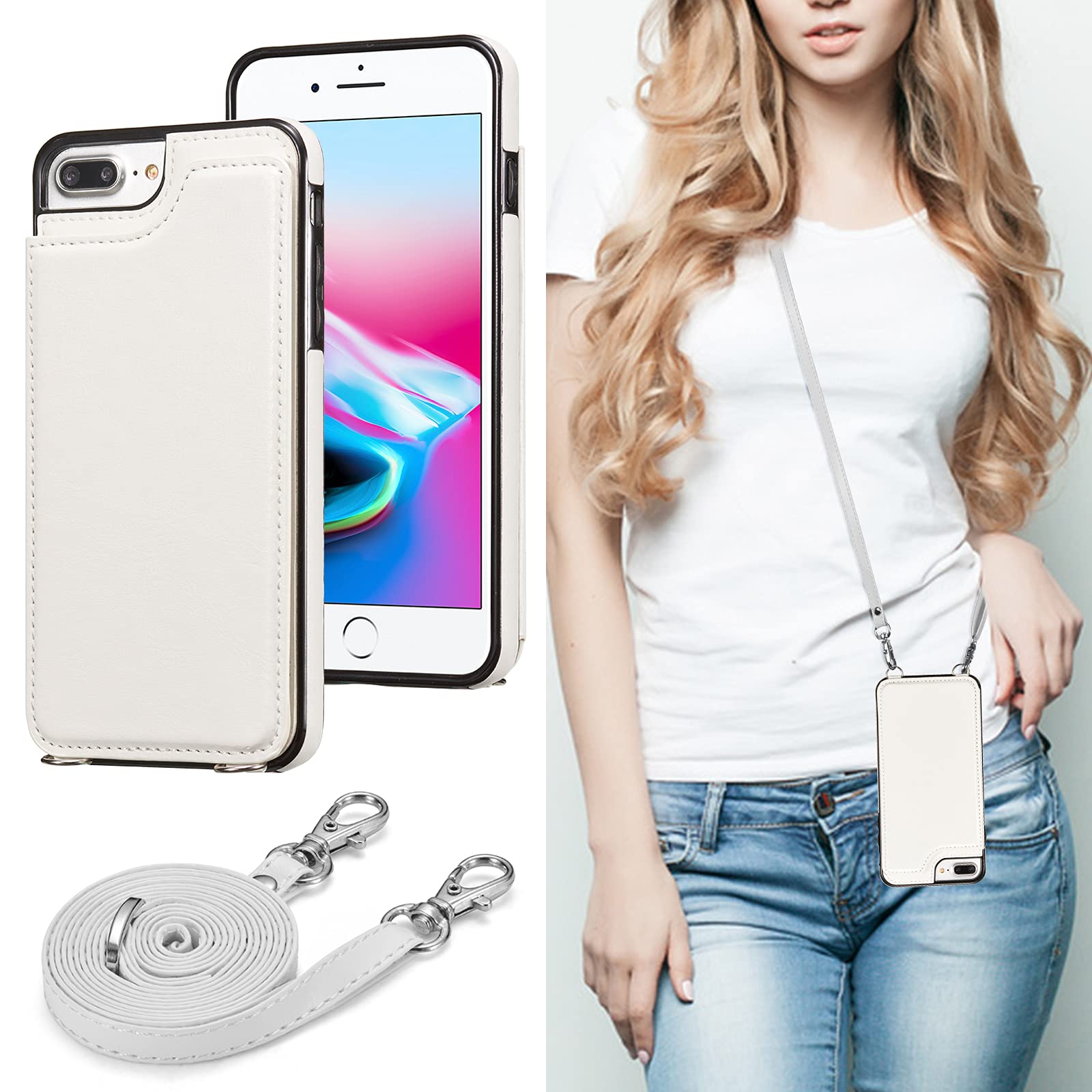 UEEBAI Case for iPhone 7 Plus iPhone 8 Plus, Premium PU Leather Case Adjustable Crossbody Strap Case Magnetic Clasp Card Slots Kickstand Durable Shockproof Back Wallet Soft TPU Cover - White