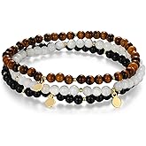 MORGAN & PAIGE Bronze 18k Yellow Gold Plated Genuine Gemstones Bracelets for Women Trendy - Dainty Gold Beaded Bracelets for Women 4mm Gemstone Beads, Adjustable 6.5 Inch Stretch Set of 3
