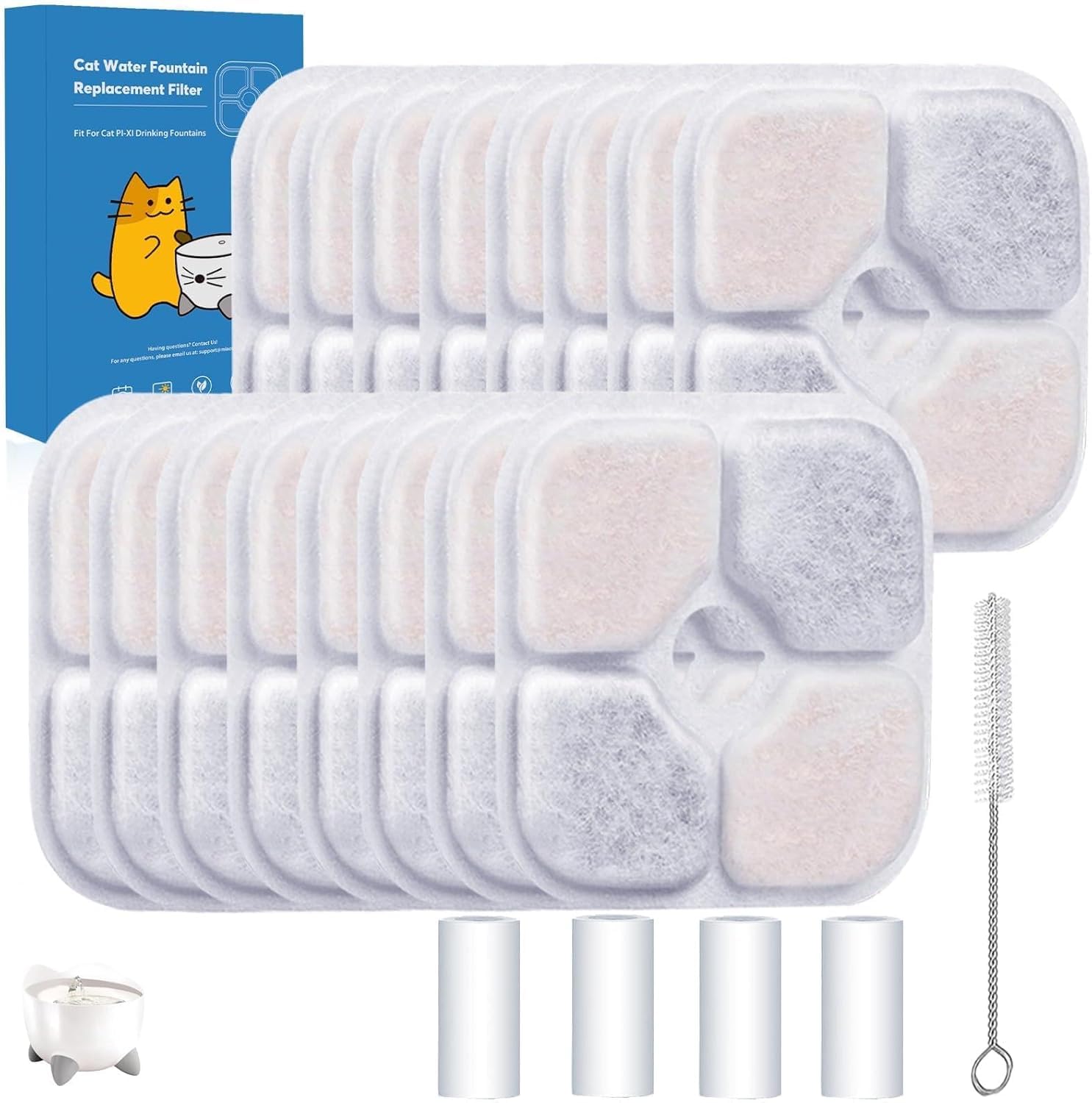 Photo 1 of 16-Pack Cat Water Fountain Filter Compatible With Catit Pixi Water Fountain Filter Replacement Triple Action Water Filter, 4 Pump Tubes 1 Hard Brush