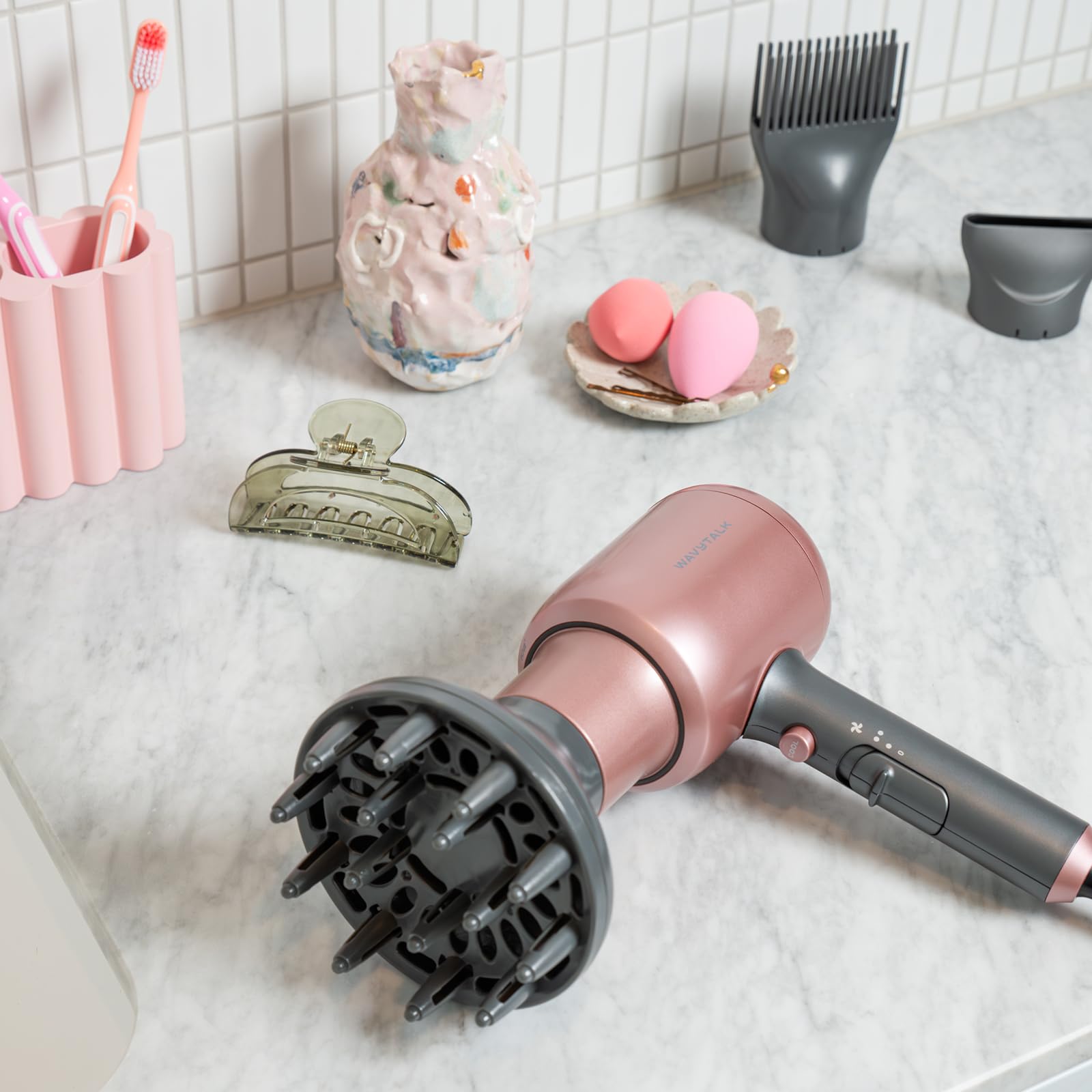 Wavytalk Hair Dryer, Blown Away Ionic Hair Dryer for Curly Hair with Diffuser, 1875W Fast Drying Blow Dryer with Ceramic Technology, 3 Attachments for All Hair Types, Light and Quiet, Rose Gold