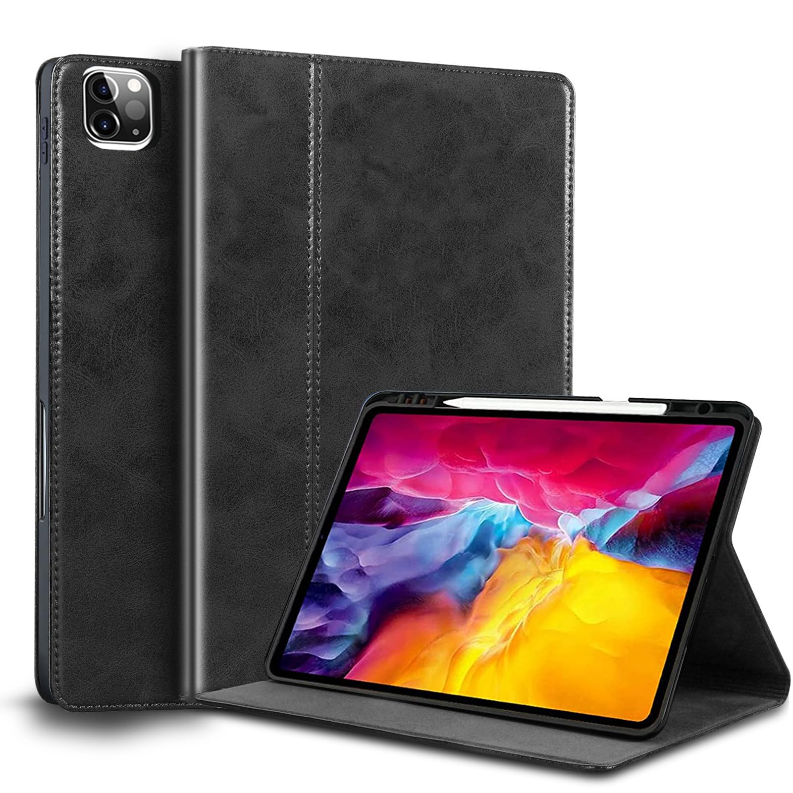 Gexmil for iPad Pro 11 Inch Case 2022/2021/2020/2018(4th/3rd/2nd/1st Generation) with Pencil Holder,Auto Wake/Sleep,Genuine Leather Case with Stand,Oil Wax Black