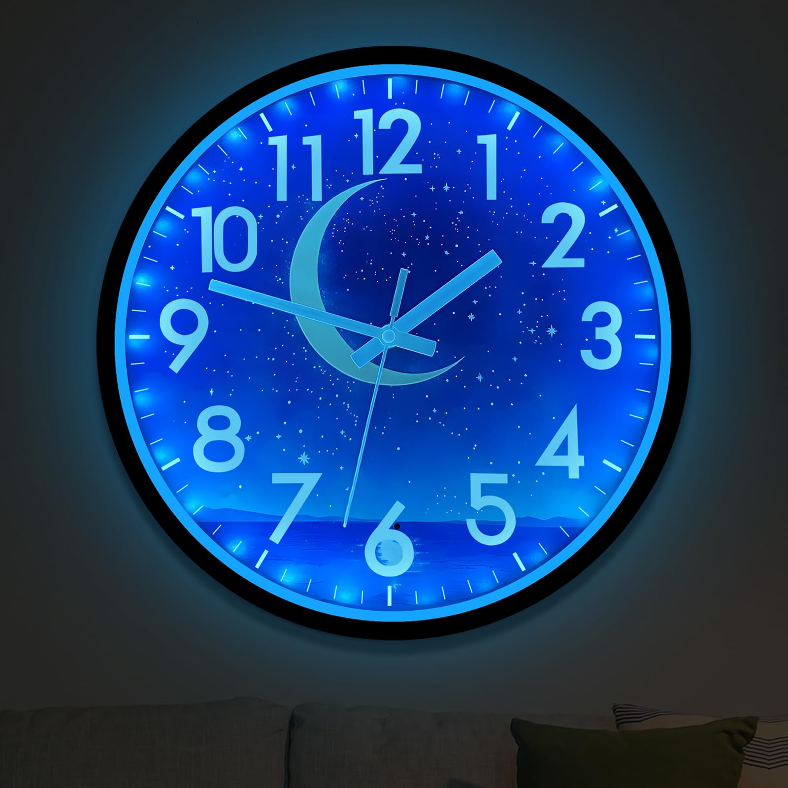 Photo 1 of JoFomp Glow in The Dark Wall Clocks Battery Operated, 12 Inch Blue Moon Silent Wall Clock Non Ticking, LED Sound Control Light Up Wall Clock for Bedroom, Night Light Wall Clocks for Living Room Decor