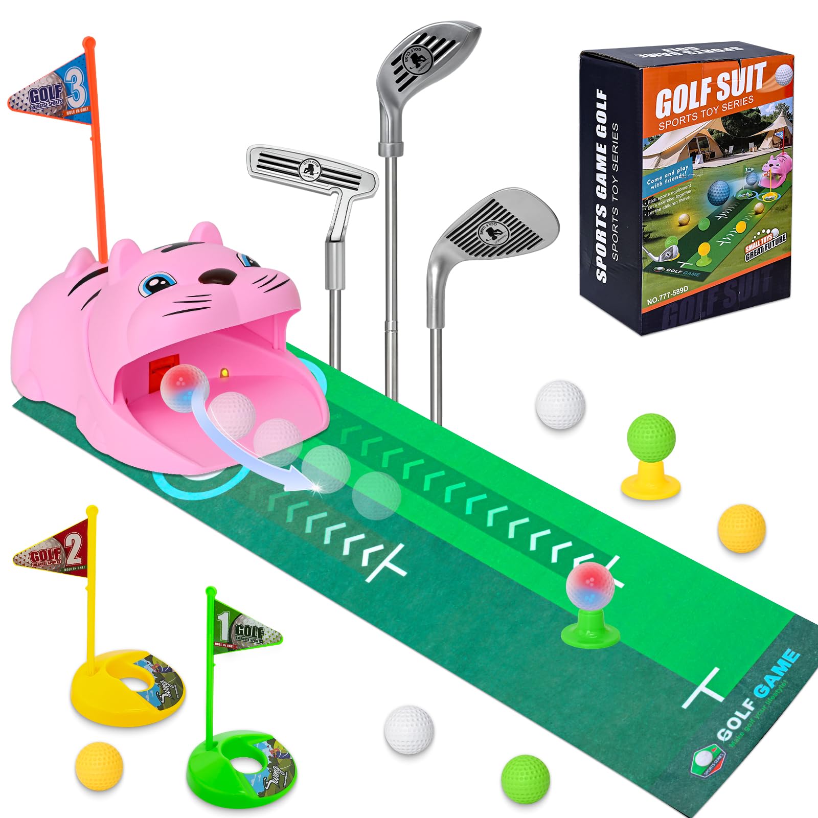 ASSRECT Kids Toy Golf Set with Tiger Automatic Ball Returner, 4 Light-Up Golf Balls, 3 Adjustable Clubs & Putting Mat, Toddler Indoor Outdoor Mini Golf Sports Toys for Boys Girls Age 3-8 (Pink)