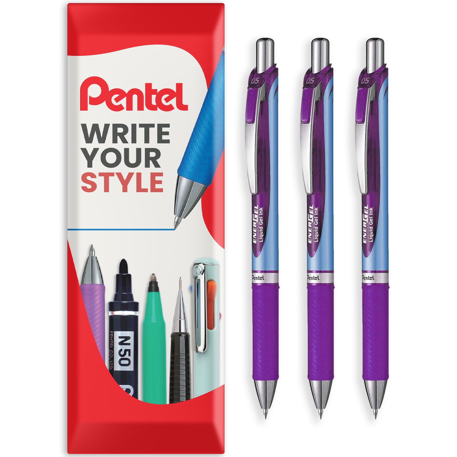 Pentel Energel BLN75 Retractable Gel Ink Rollerball Pen - 0.5mm - Violet - Pack of 3 in Envelope Gift Packaging — image 1