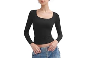 PUMIEY Women's Long Sleeve T Shirts Scoop Neck Slim Fit Going Out Tops Double Lined Basic Tee Smoke Cloud Collection