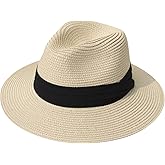 DRESHOW Women Straw Panama Hat Travel Fedora Beach Sun Hat Summer Wide Brim Straw Roll up Hat UPF 50+