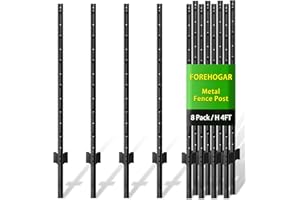 FOREHOGAR Metal Fence Post 4 Feet Black, Pack of 8, T Post for Wire Fence, No Dig Steel U Posts Fencing for Lawn Garden Wire Mesh Fences Poles Sign Outdoor Light Duty