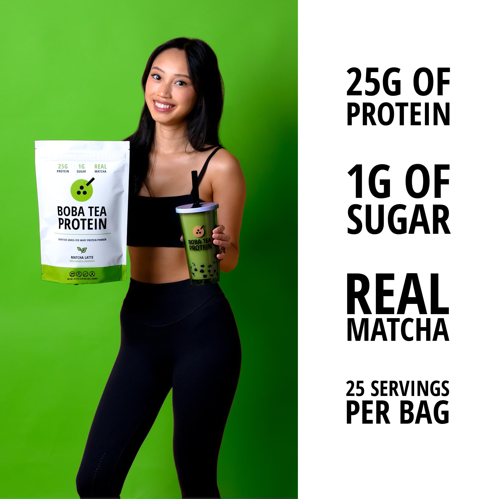 Boba Tea Protein Matcha Latte | 25g Grass-Fed Whey Protein Isolate Powder | Gluten-Free & Soy-Free Bubble Tea Protein Drink | Real Ingredients & Lactose-Free Protein Drink | 25 Servings