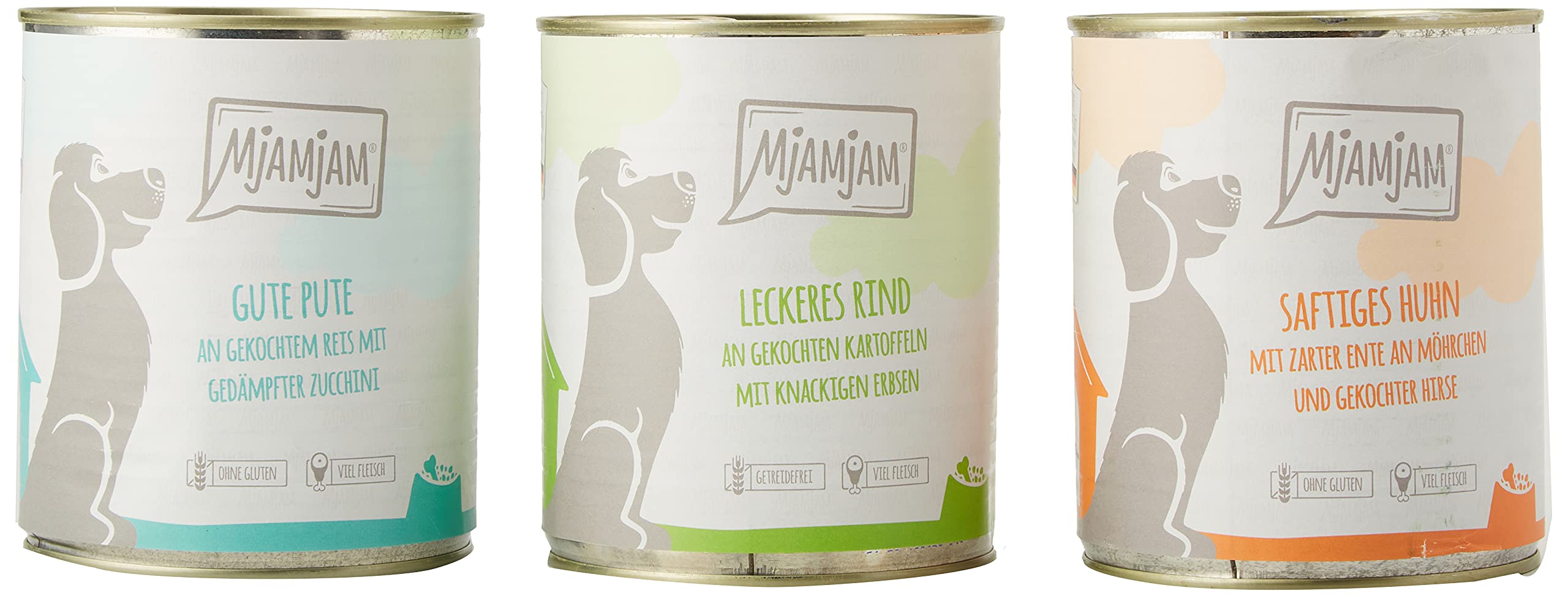 MjAMjAM - premium wet food for dogs - Mixpaket I - chicken & duck, beef, turkey, pack of 6 (6 x 800 g), natural with extra meat