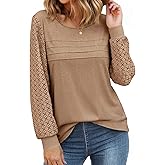 Tankaneo Womens Long Sleeve Lace Tops Casual Eyelet Tunic Shirts Crewneck Pleated Fall Blouses