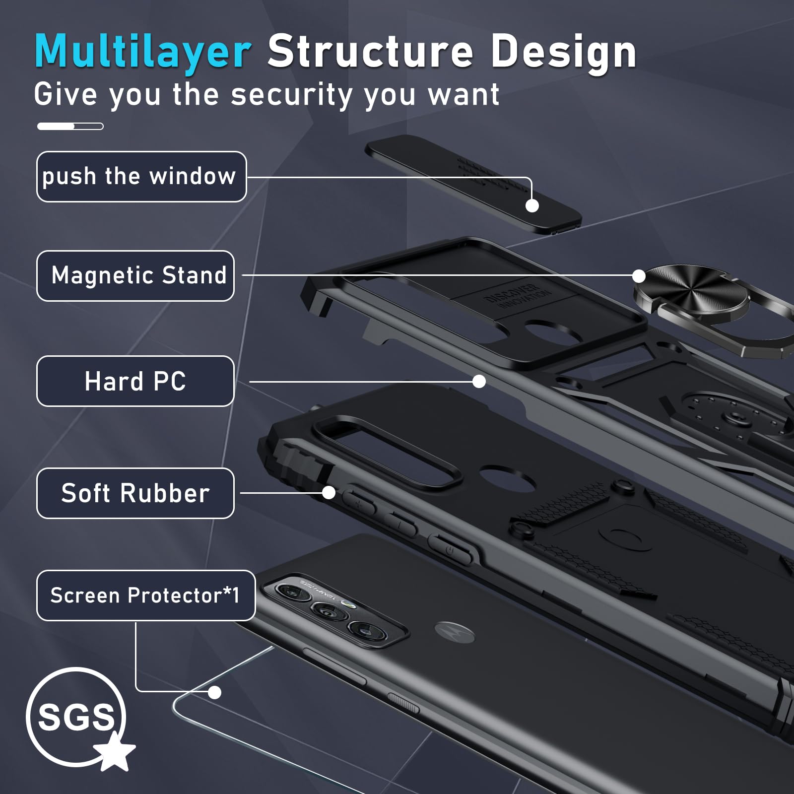 Janmitta Compatible with Moto G Play 2023,G Power 2022/G Pure Case Built in Slide Camera Lens Cover+Screen Protector+Ring Holder,Heavy Duty Shockproof Full Body Phone Cover,Black