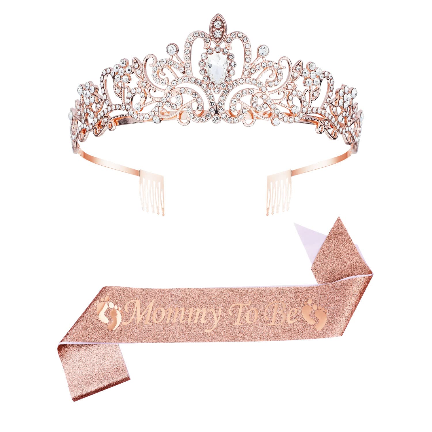 SAVITA Mom to Be Baby Shower Decorations, Mum to Be Baby Shower Mommy to Be Sash and Tiara Set Mummy to Be Crown and Sash for Pregnant Mommy (Rose Gold)