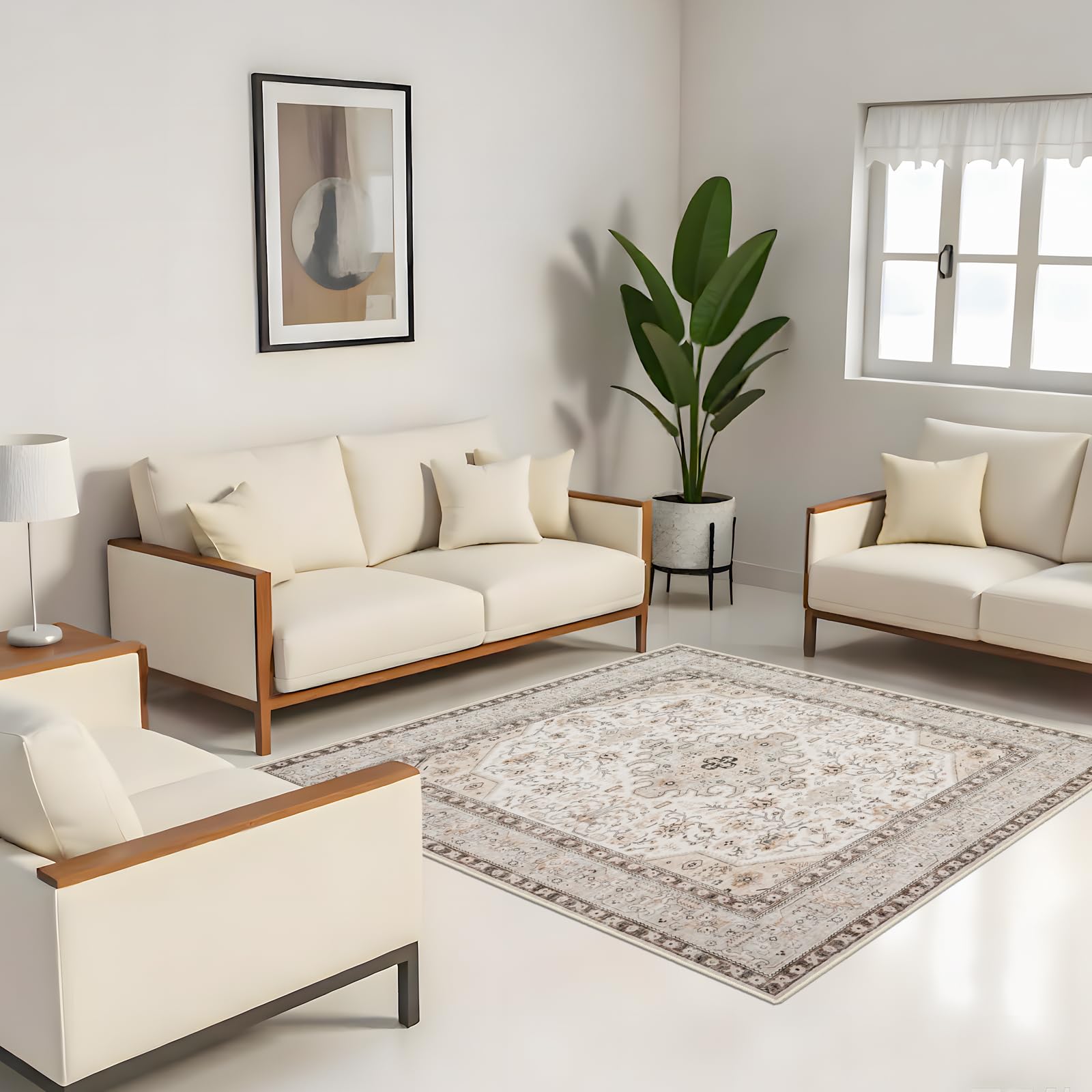 Photo 1 of 6x6 Rug Square Living Room: Washable 6ft Square Soft Distressed Oriental Area Rugs Non-Slip Backing Farmhouse Rug Low Pile Thin Stain Resistant Indoor Carpets, 6'Square Ivory/Multi