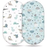 GRSSDER Stretchy Ultra Soft Fitted Bassinet Sheet Set 2 Pack, Universal Fit for Bassinets Baby Cradle Moses Basket Oval Rectangle Pad/Mattress, Happy Dinosaurs Bassinet Sheets for Girls and Boys