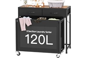 FGNTWP Laundry Sorter, Rolling Laundry Hamper with 3 Section Pull-Out Bags, Laundry Basket Organizer with 2 Drawers & 2-Tone Top Panel, Laundry Hamper with Wheels for Laundry Room Organization, Bathroom