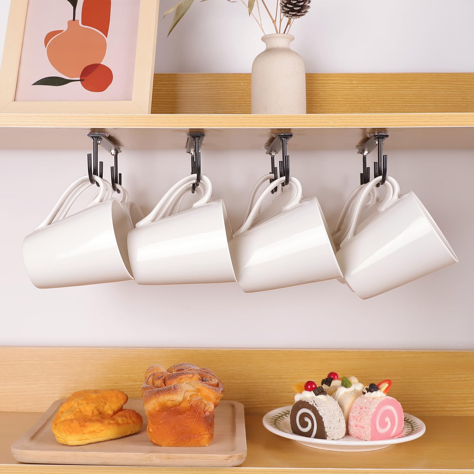 EigPluy Mug Hooks Under Cabinet, 4 Pack Coffee Cup Hooks for Hanging Under Shelf, Mug Organizer Rack with 16 Hooks for Displaying Mugs/Coffee Cups/Kitchen Utensils(Black)