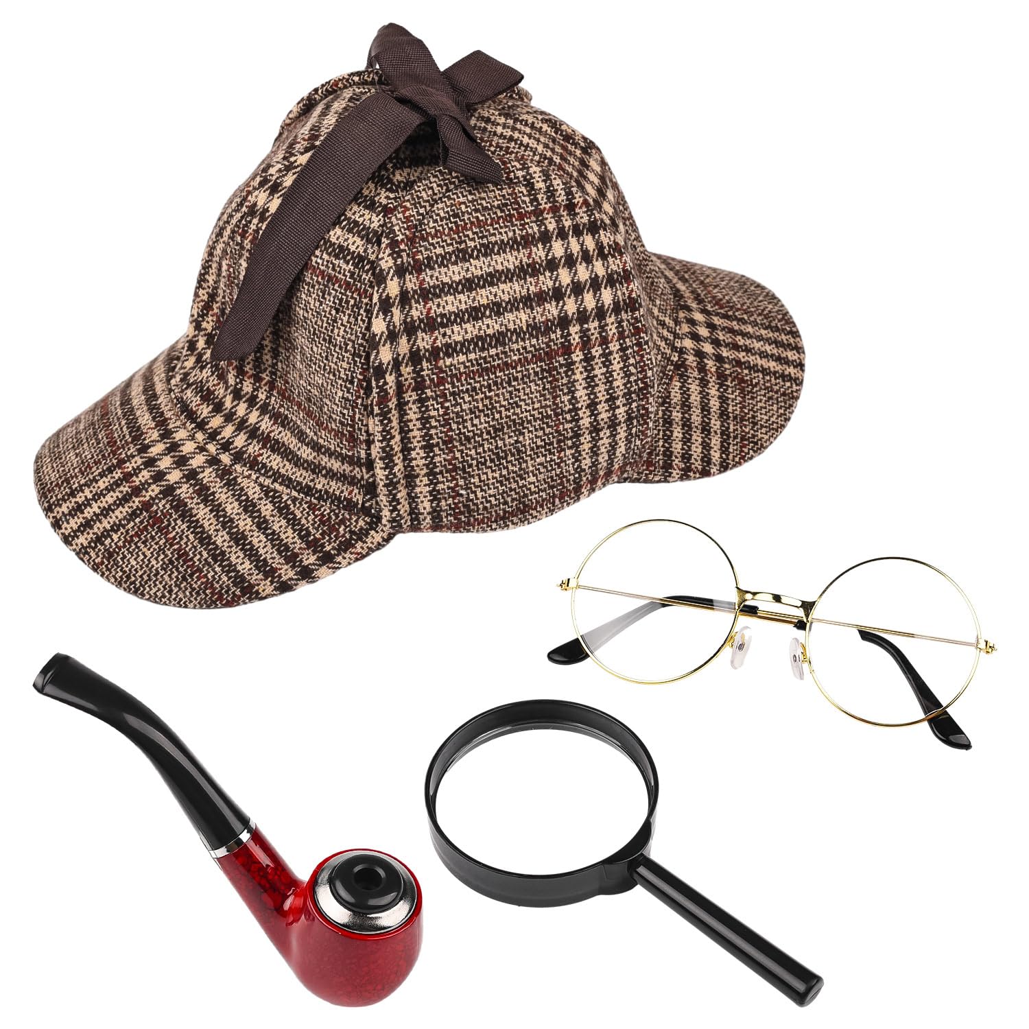 MFUOE 4 Pcs Detective Costume Set Deerstalker Hat Magnifying Glass Pipe Victorian Sherlock Holmes Fancy Dress Accessory for Halloween Costume Party Accessories