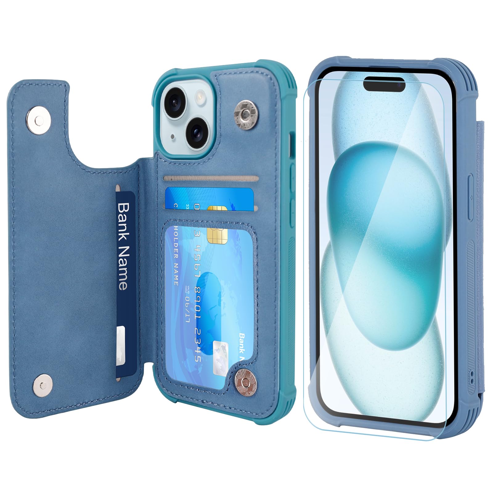 VANAVAGY Wallet Case Compatible for iPhone 15,Leather Flip Folio Shockproof Phone Cover Fit Magnetic Car Mount [Screen Protector Included] with Credit Card Holder for Apple 15, Blue