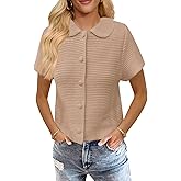 Saodimallsu Womens Short Sleeve Cropped Cardigans Casual Summer Button Down Collared Lightweight Loose Knit Sweater Top