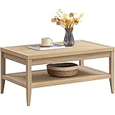 SICOTAS Rattan Coffee Table for Living Room | 2-Tier Rectangular Center Table with Rattan Storage Shelf, Boho Farmhouse Accent Table for Guest Room, Home Office, Light Oak
